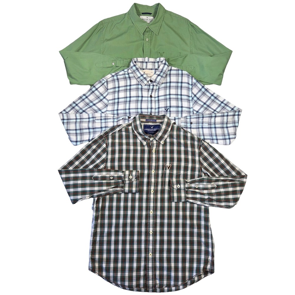 American Eagle Mens Button Down Shirts Men L Preppy Plaid Y2k Casual Punk Grunge